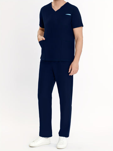 SAASHI Navy Blue Men's V-Neck Scrubs Set - Multi-Pocket Workwear for Summer