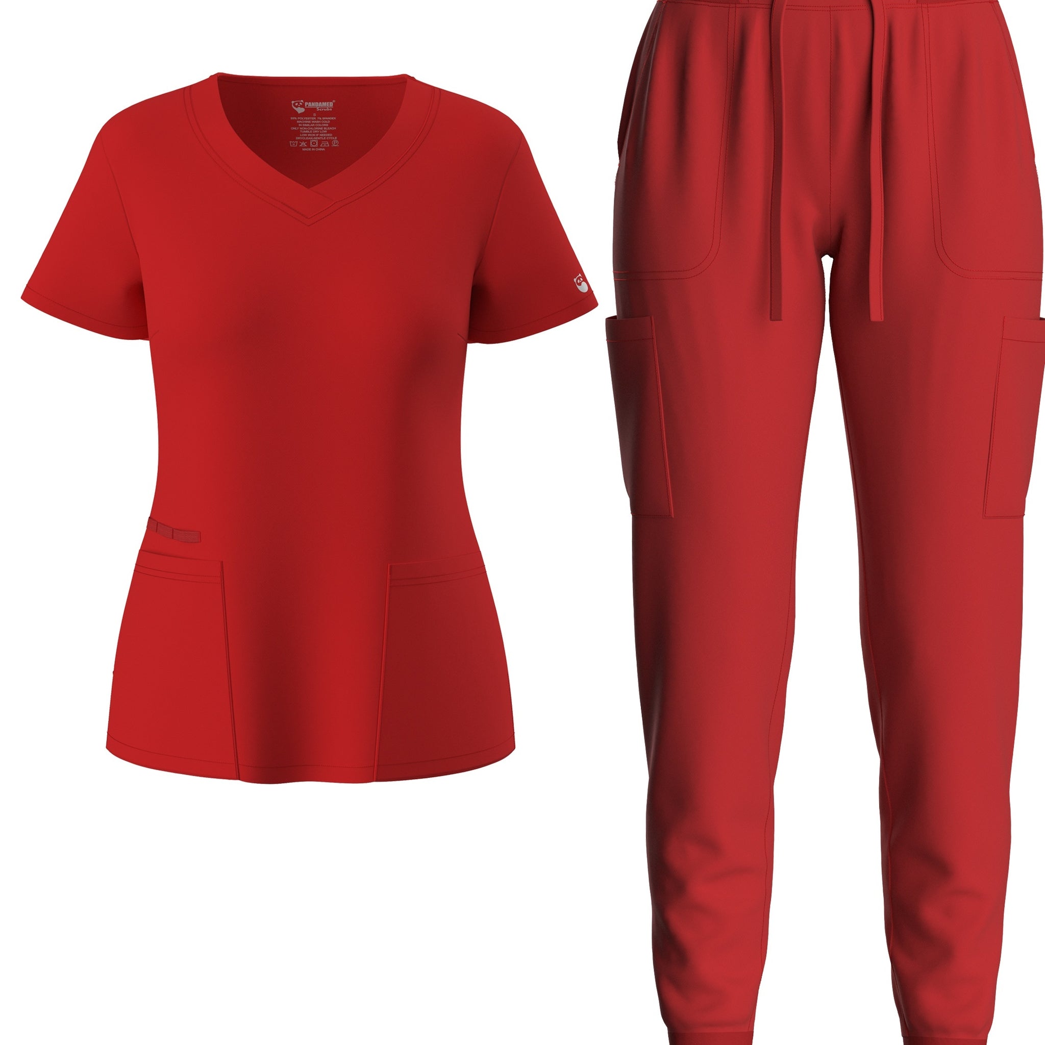 SAASHI Red Solid Scrub Set - V Neck Top & Drawstring Pants Outfit