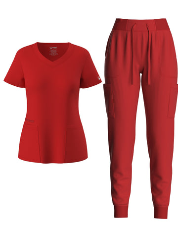 SAASHI Red Solid Scrub Set - V Neck Top & Drawstring Pants Outfit