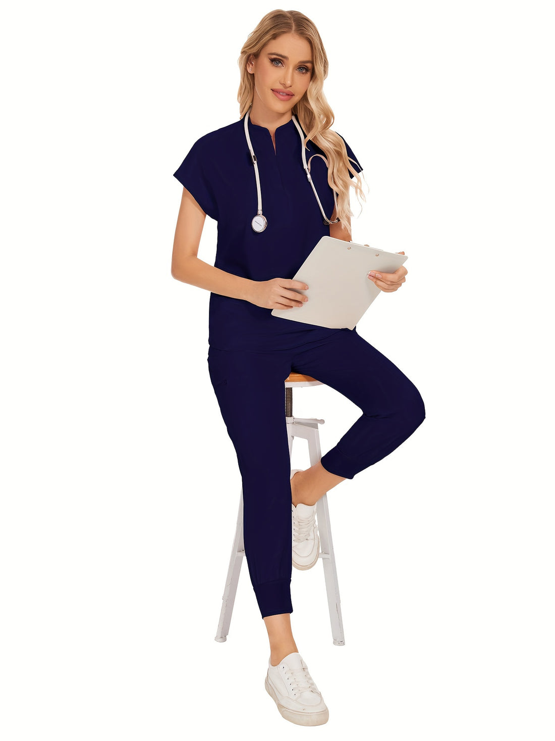 SAASHI Navy Blue Nurse Two-Piece Scrub Set - V-Neck Top & Pocket Pants