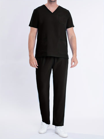 SAASHI Men's Black Solid Summer Workwear - V-neck Top & Pants Set