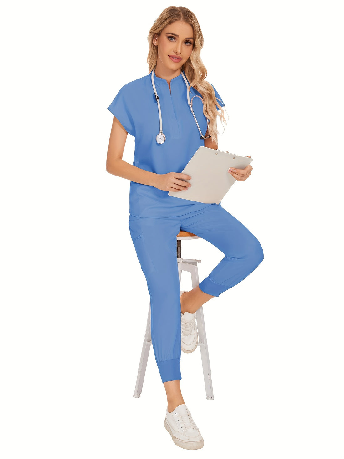 SAASHI Sky Blue Nurse Two-Piece Scrub Set - V-Neck Top & Pocket Pants