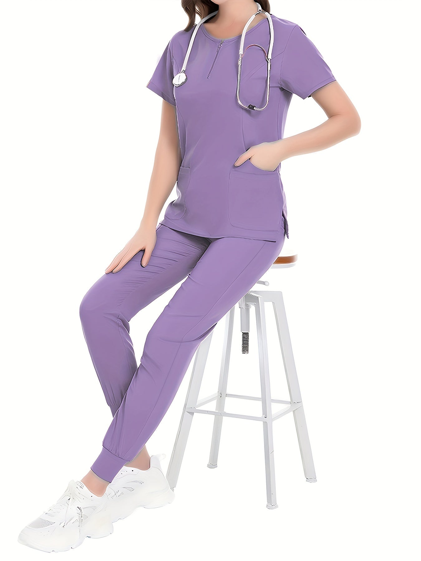 SAASHI Purple  Nurse Work Set - Crew Neck Scrub Top & Pants Outfit