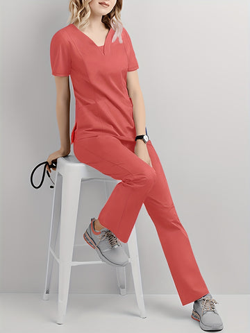 SAASHI Red Orange Casual Scrub Set - V Neck Short Sleeve Top & Pants