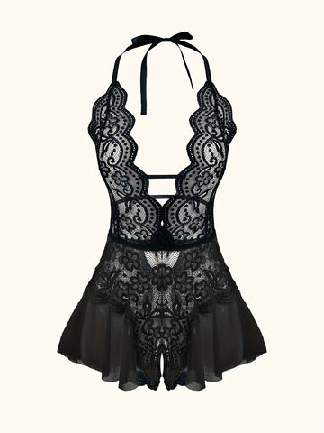 Saashi Charming Lace Mesh Teddy Deep V Open Crotch Halter