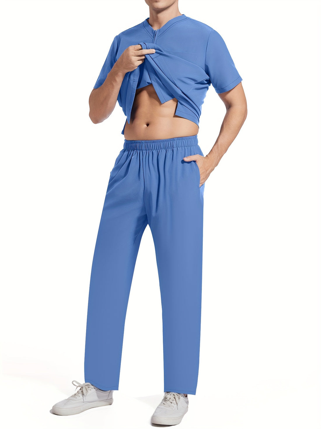 SAASHI Sky Blue Men's Summer Workwear Set - V-Neck Top & Pants Outfit