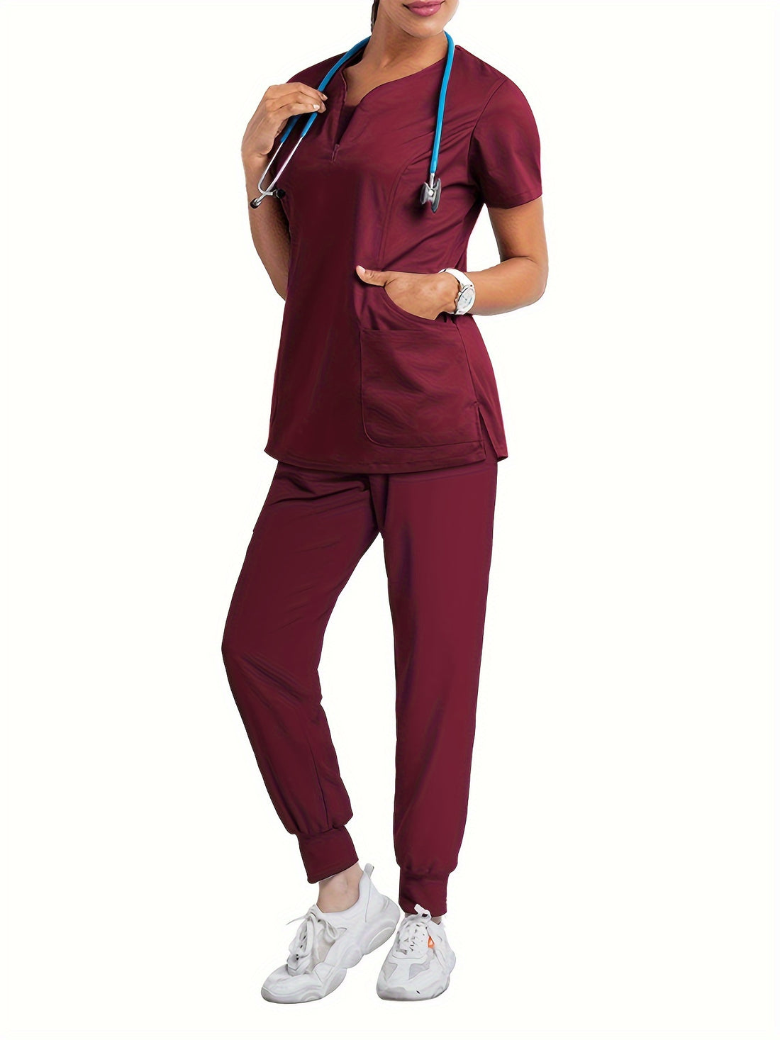 SAASHI Women's Burgundy Healthcare Scrub Uniform Set - Two-Piece Round Neck Top