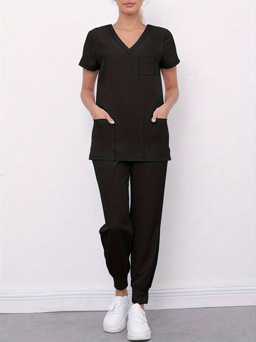 SAASHI Black Medical Scrub Set - V Neck Top With Pockets & Pants