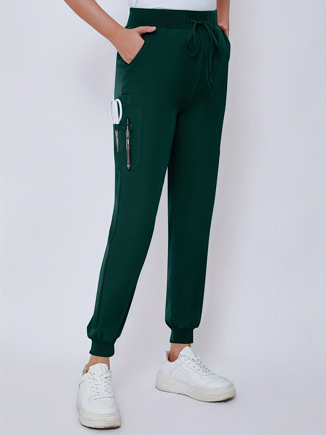 SAASHI Dark Green Solid Scrub Set - V Neck Zipper Top & Drawstring Pants