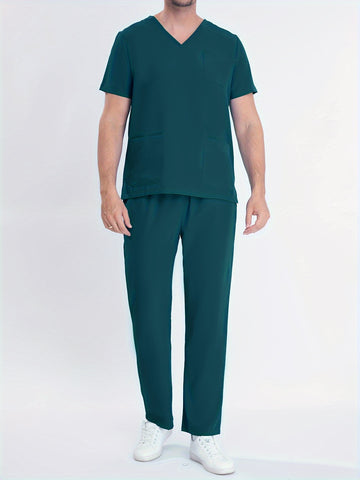 SAASHI Men's Dark Green Solid Summer Workwear - V-neck Top & Pants Set