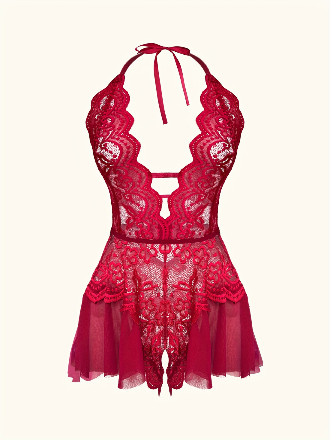 Saashi Charming Lace Mesh Teddy Deep V Open Crotch Halter