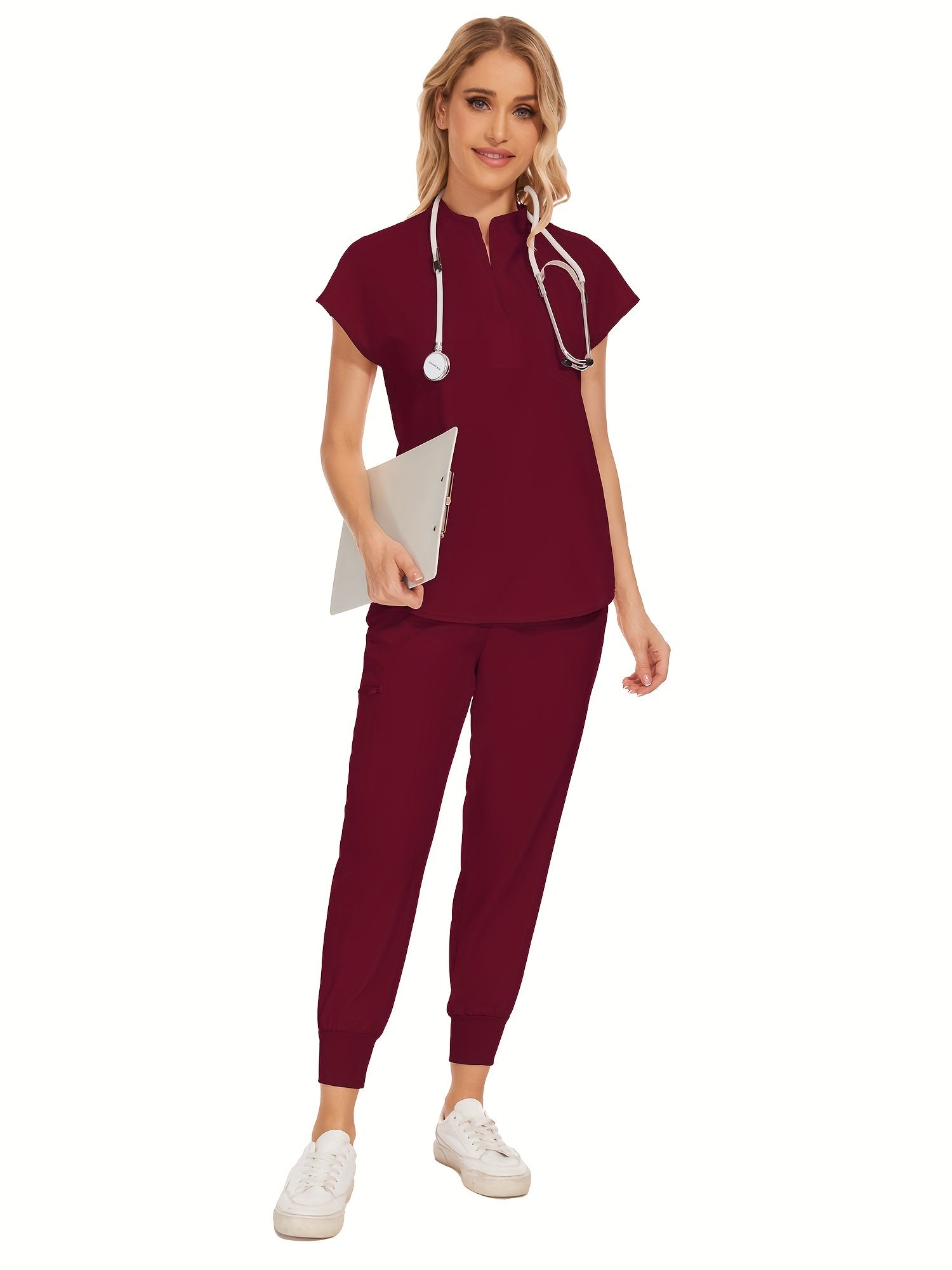 SAASHI Nurse Burgundy Two-Piece Scrub Set - V-Neck Top & Pocket Pants