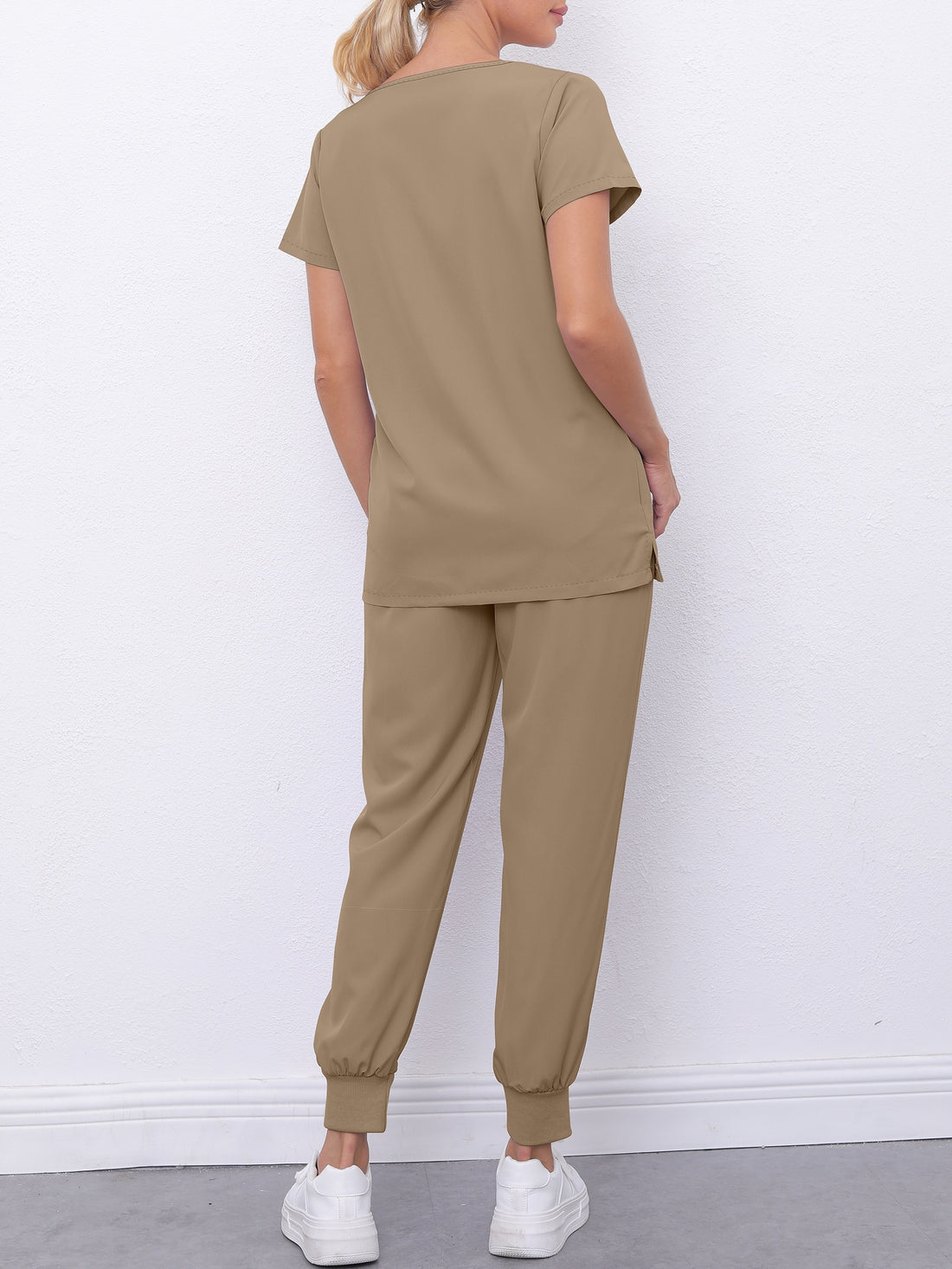 SAASHI Solid Khaki Color Scrub Set - V-Neck Top & Elastic Bottoms