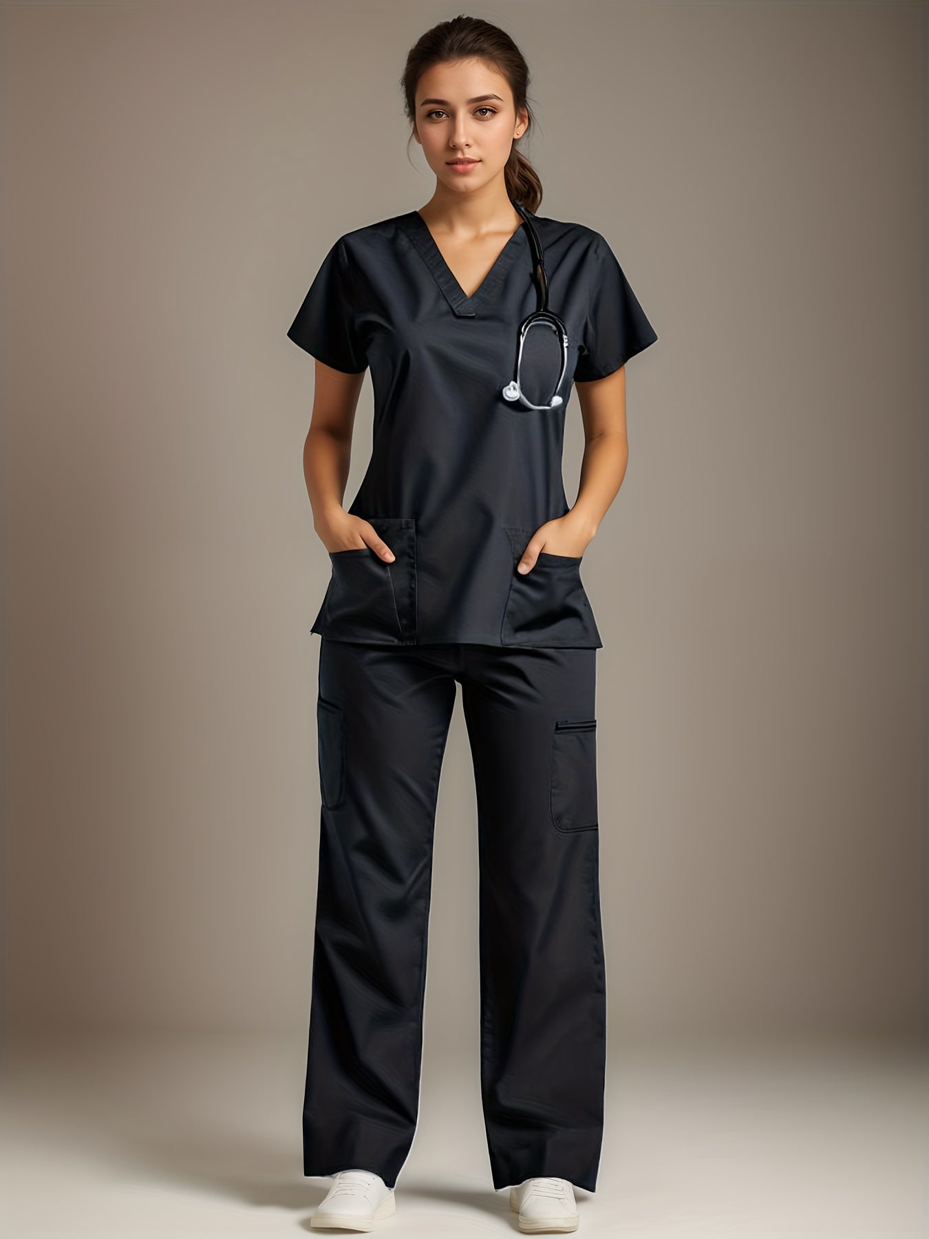 SAASHI Two-Piece Black Uniform Set - V Neck, Pockets, Micro Elastic Fabric