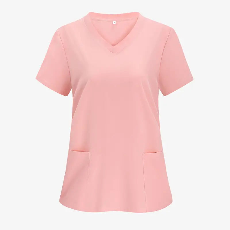 SAASHI Solid Pink V-neck Scrub Tops, Short Sleeve Patched Pockets Uniform