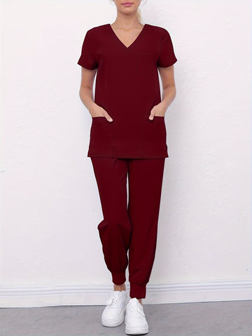 SAASHI Burgundy Medical Scrub Set - V Neck Top With Pockets & Pants