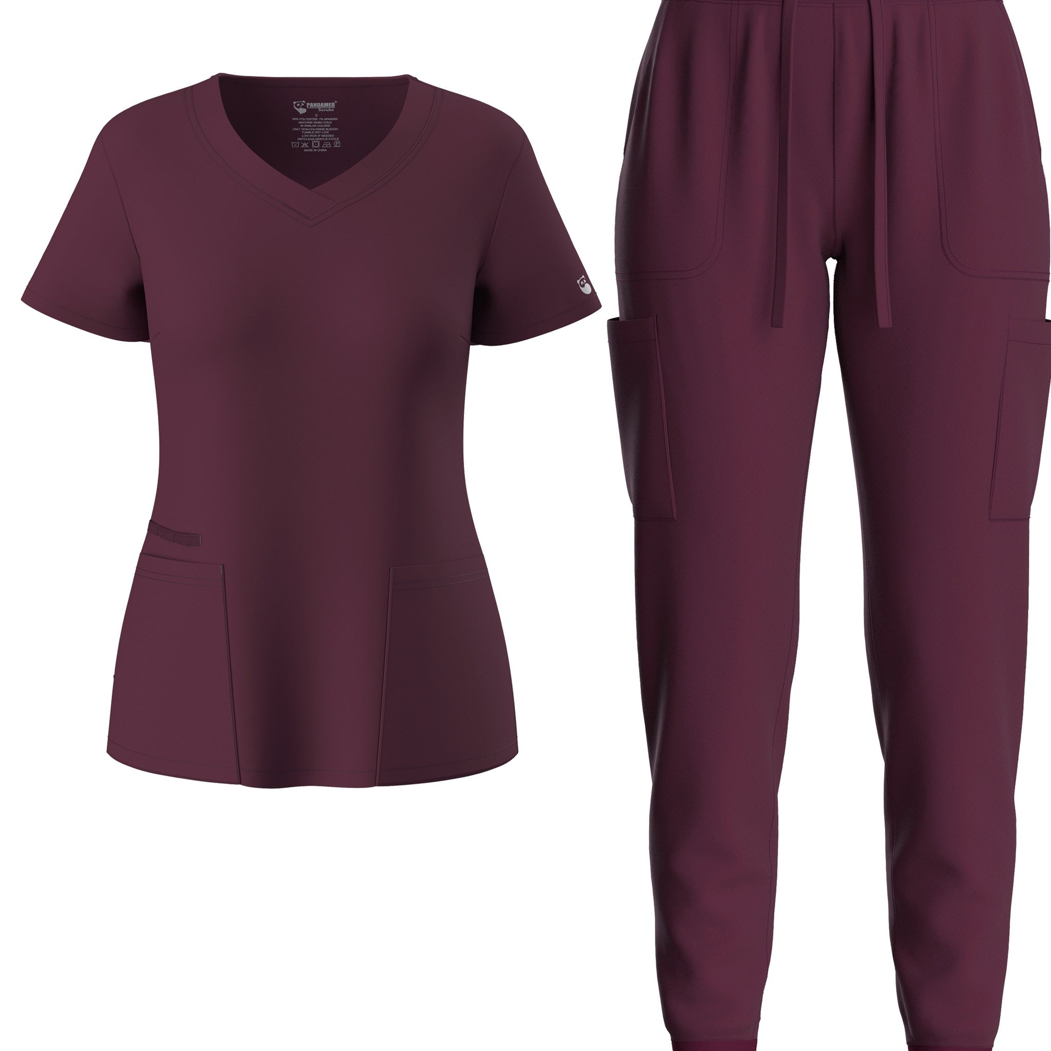 SAASHI Burgundy Solid Scrub Set - V Neck Top & Drawstring Pants Outfit