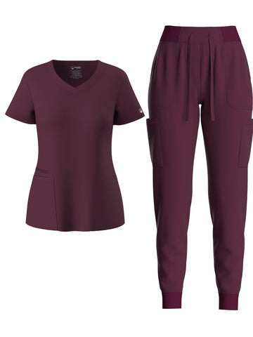 SAASHI Burgundy Solid Scrub Set - V Neck Top & Drawstring Pants Outfit