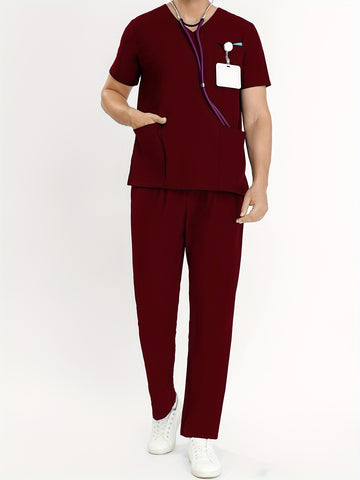 SAASHI Burgundy Men's V-Neck Scrubs Set - Multi-Pocket Workwear for Summer