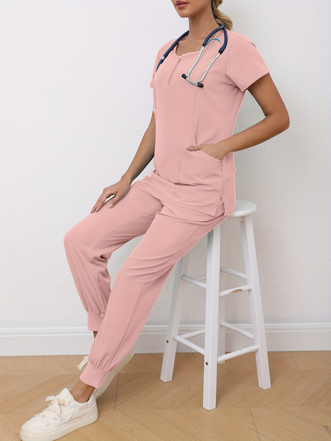 SAASHI Pale Pink Nurse Work Set - Crew Neck Scrub Top & Pants Outfit