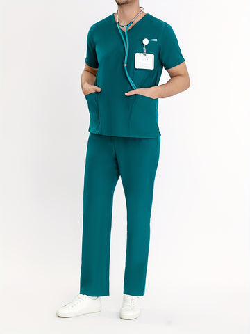 SAASHI Dark Green Men's V-Neck Scrubs Set - Multi-Pocket Workwear for Summer