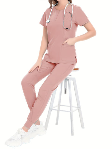 SAASHI Pale Pink Nurse Work Set - Crew Neck Scrub Top & Pants Outfit