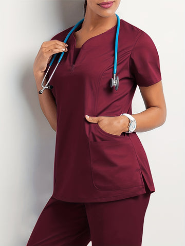 SAASHI Burgundy Solid Crew Neck Scrub Set - Short Sleeve Zip-Up Top & Bottoms