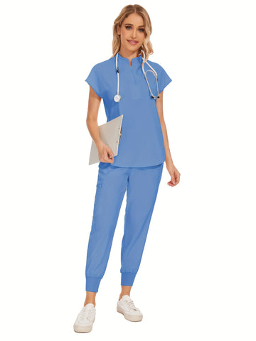 SAASHI Sky Blue Nurse Two-Piece Scrub Set - V-Neck Top & Pocket Pants