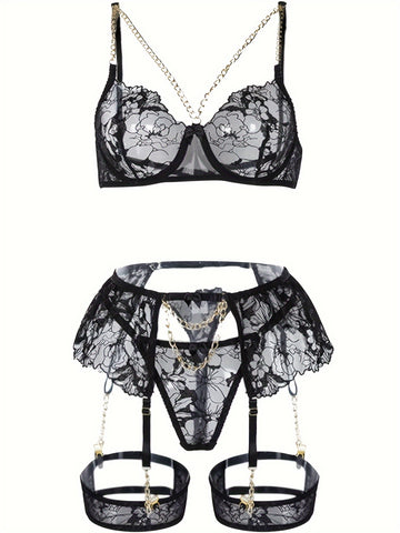 Saashi Sexy Luxury Underwear Set Printed Embroidery Lace See-through