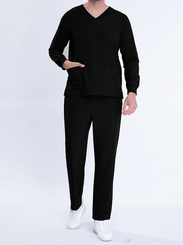 SAASHI Men's Black Workwear Set - V-neck Long Sleeve Shirt & Pants