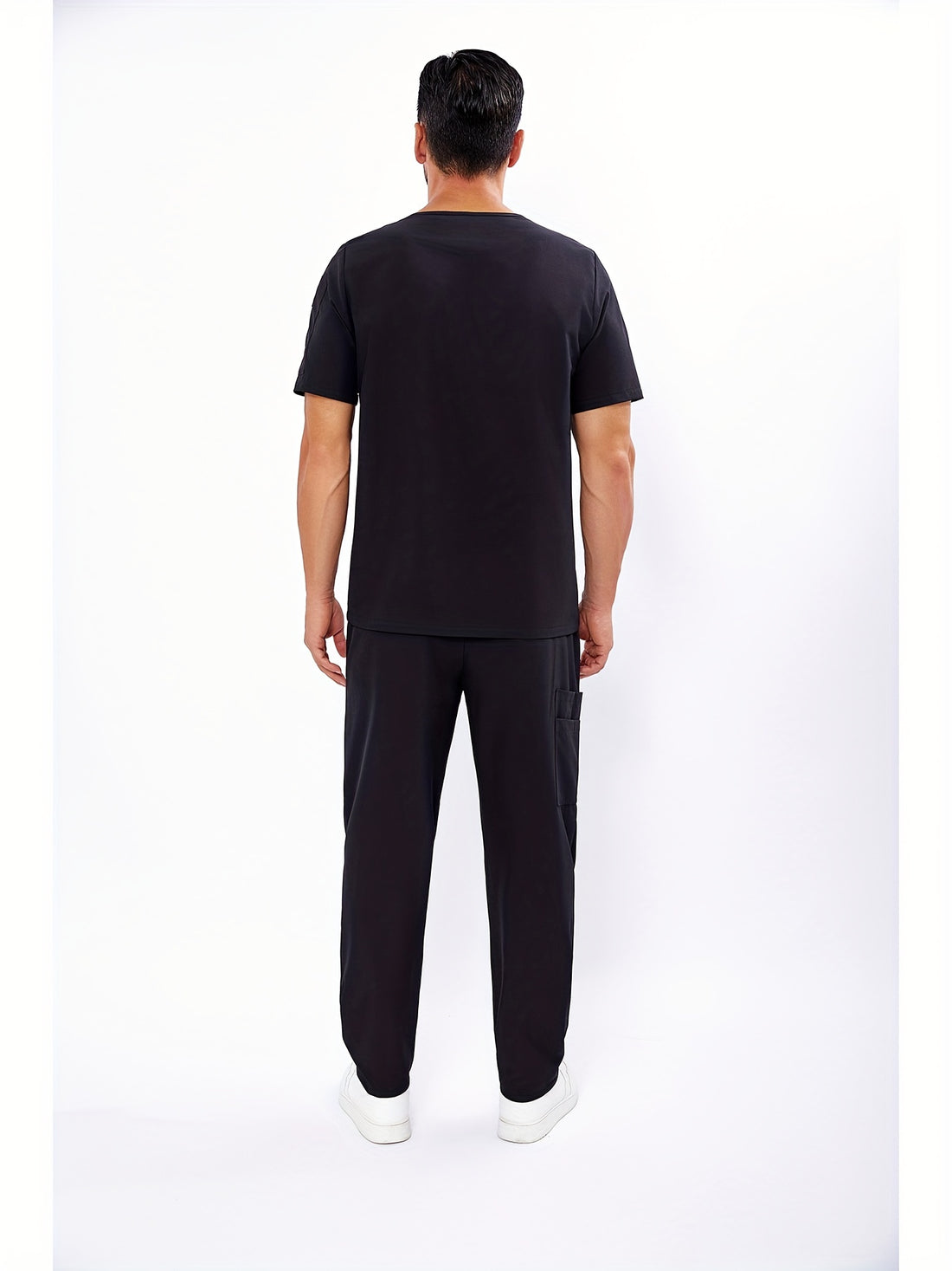 SAASHI Quick-Dry Black Scrub Set - V-Neck, Elastic Waist, Patch Pockets