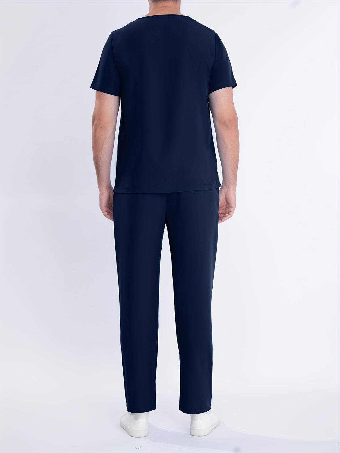 SAASHI Men's Navy Blue Solid Summer Workwear - V-neck Top & Pants Set