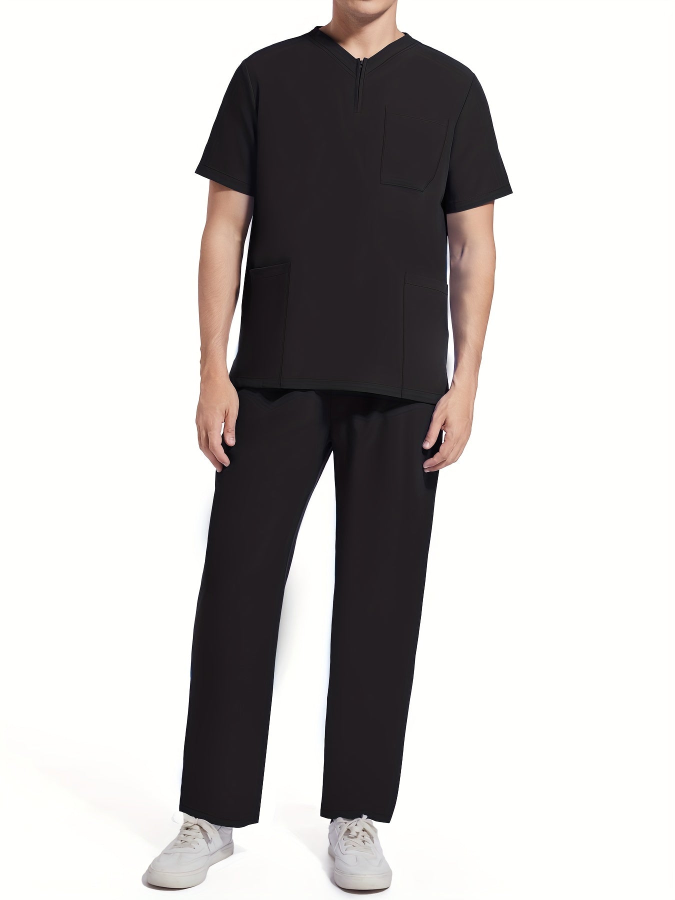 SAASHI Black Men's Summer Workwear Set - V-Neck Top & Pants Outfit