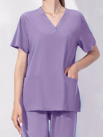 SAASHI Purple Scrub Top for Doctor, Nurse, Dentist, V-neck Short Sleeve