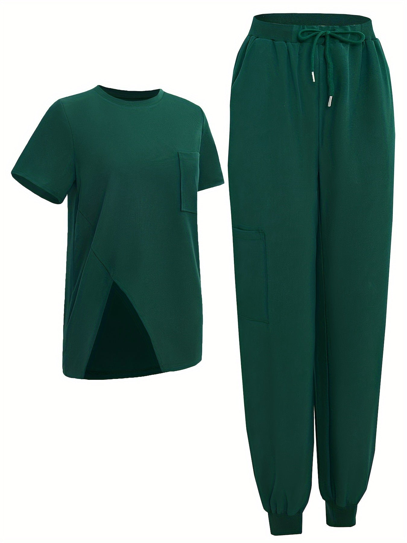 SAASHI Solid Dark Green Color Scrub Set - Crew Neck Top & Drawstring Bottoms