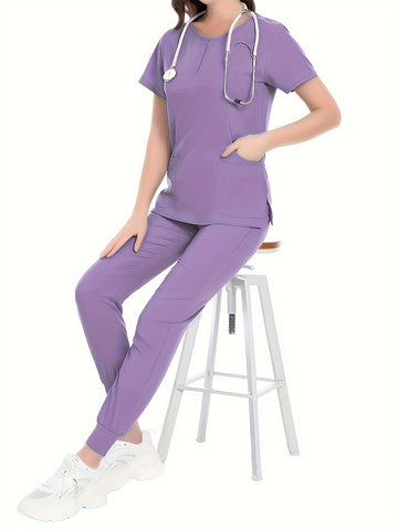 SAASHI Purple Solid Crew neck Scrub Set - Short Sleeve Zip-Up Top & Bottoms