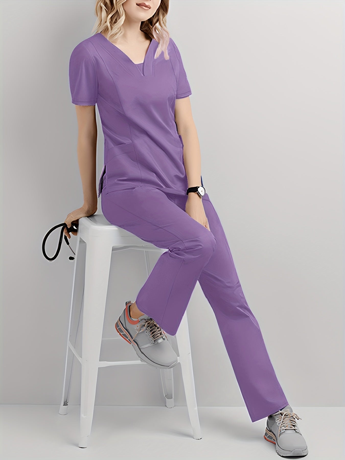 SAASHI  Purple Casual Scrub Set - V Neck Short Sleeve Top & Pants