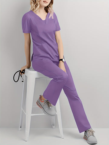 SAASHI  Purple Casual Scrub Set - V Neck Short Sleeve Top & Pants