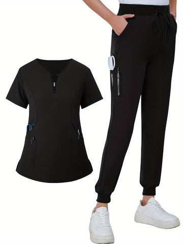 SAASHI Black Solid Scrub Set - V Neck Zipper Top & Drawstring Pants