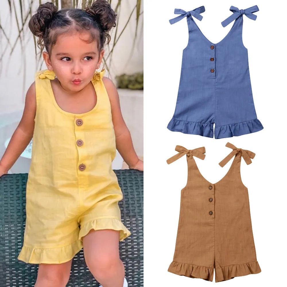 Saashi Cotton Linen Ruffle Romper for Baby Girls, Sleeveless Summer Jumpsuit Overalls