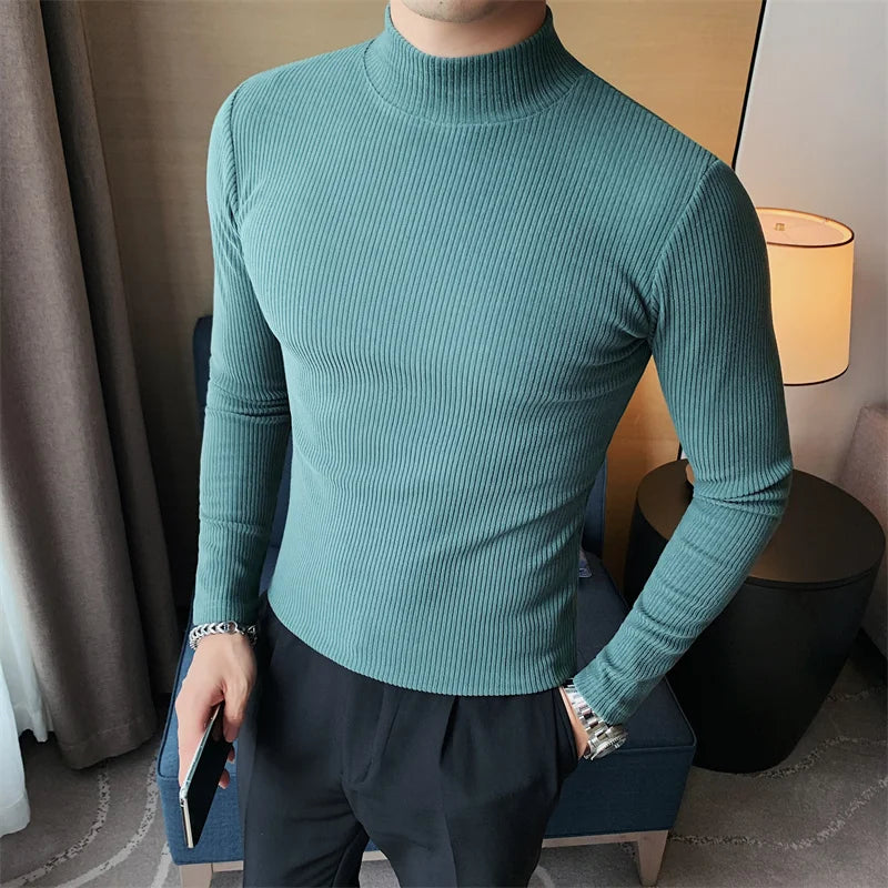 Saashi Men's Turtleneck Long Sleeve T-Shirt Autumn Winter Slim Fit Casual Striped High Quality