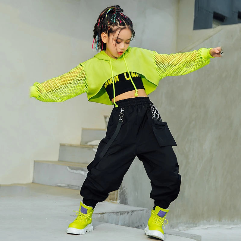 Saashi Jazz Costume Hip Hop Girls Clothing: Green Tops Net Sleeve Black Hip Hop Pants