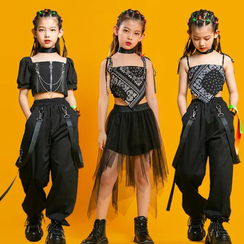 Saashi Kids Punk Hip Hop Clothing: Square Neck Puff Sleeve Crop T Shirt Pleated Mesh Skirt Pant