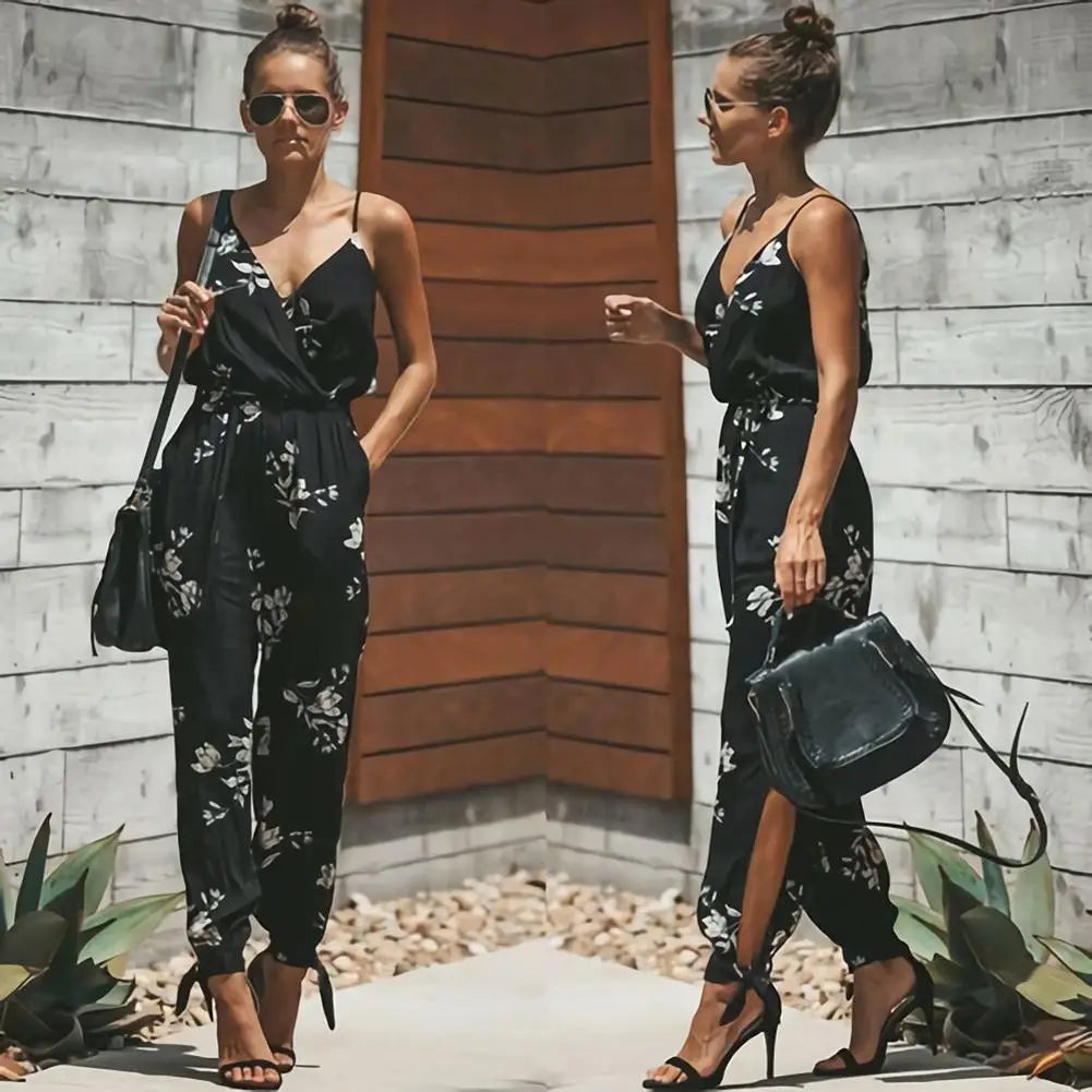 Saashi Backless Deep-V Floral Print Jumpsuits