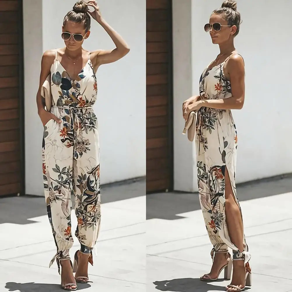 Saashi Backless Deep-V Floral Print Jumpsuits