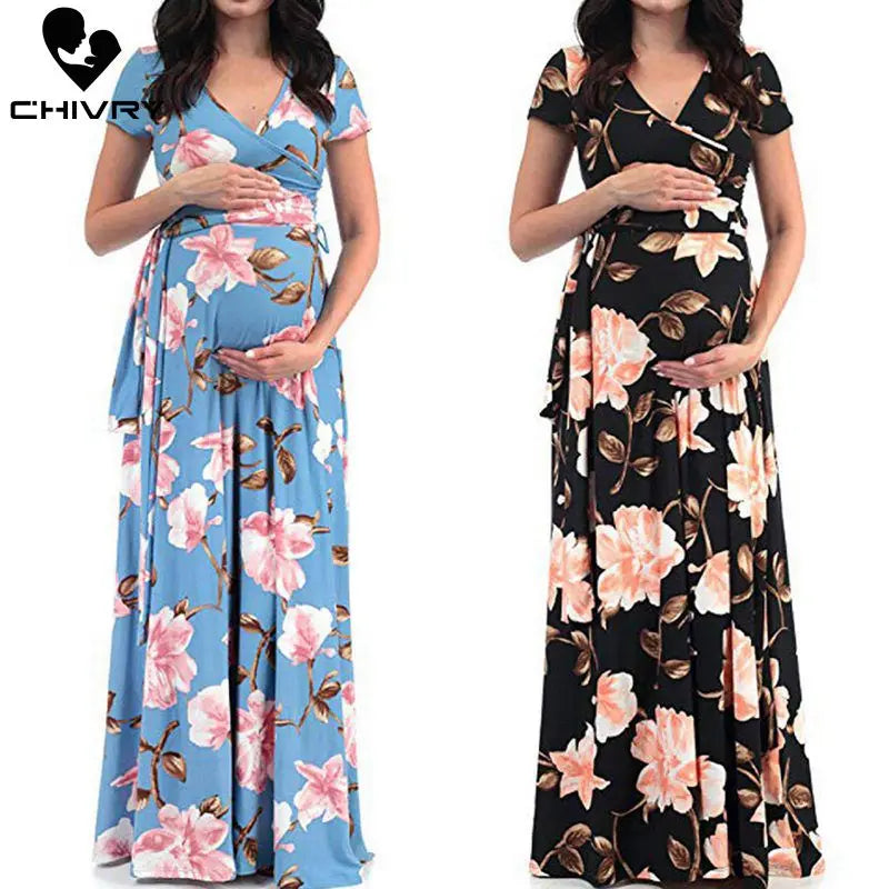 Saashi Floral Print Maternity Maxi Dress - Short Sleeve V-neck, Casual