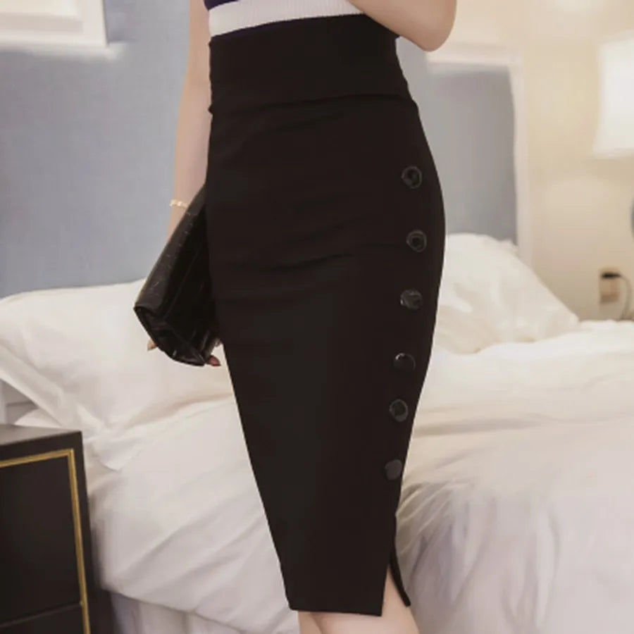 Saashi Oversized Fashion Midi Skirt - OL Sexy, Open Slit, Button Detail, Elegant Office Style