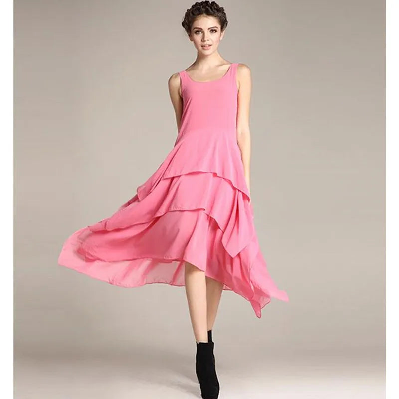 Saashi Irregular Ruffle Chiffon Maxi - Summer Elegance, Cute Tank Dress, Candy Color