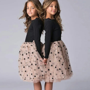 Saashi Girl's Black Long Sleeve Sweater Tulle Dress: Winter Fashion with Yellow Tutu Gown, Ins Starry Style