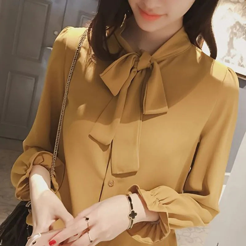 Saashi Elegant Long Sleeve Women Slim Shirt Spring Fashion Clothes Bow Chiffon Blouse